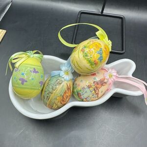 Vintage 4 Paper Mache Easter Eggs Bunny Floral Chick Anthropomorphic Ornaments